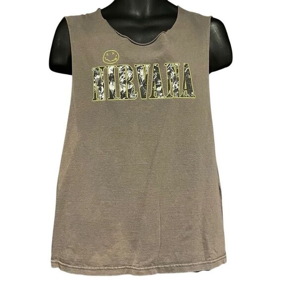 Nirvana Logo Gray & Yellow Cutoff Sleeves T-Shirt - Picture 1 of 4